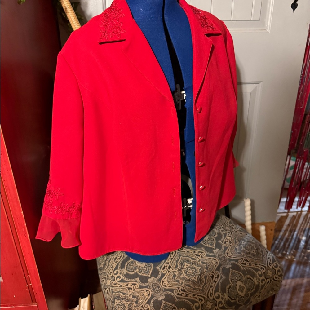 Chic Red Women's Blazer with Embroidered Details